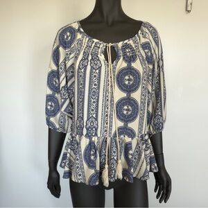 Boho Tassel Peasant Top – Blue & Cream Print – Size Small